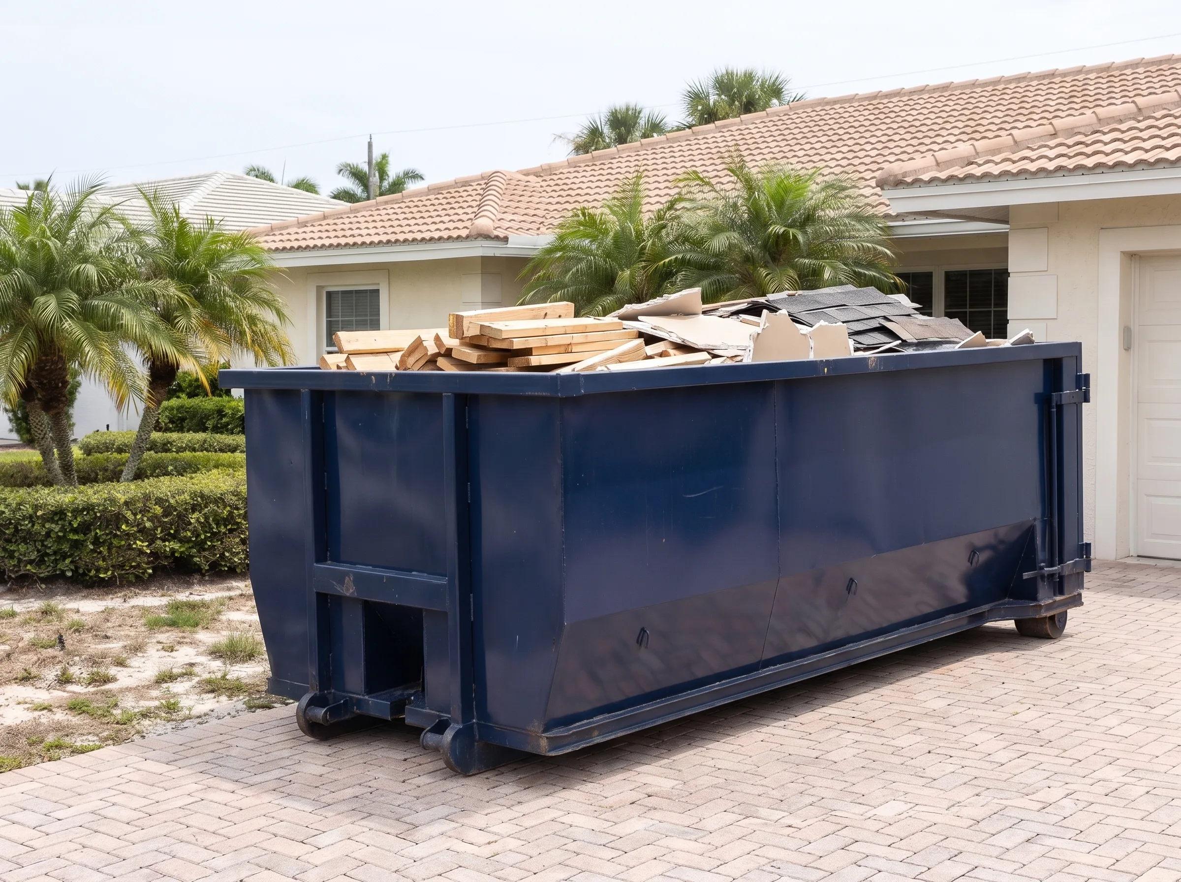 Roll-off dumpster being loaded in Broward County, FL